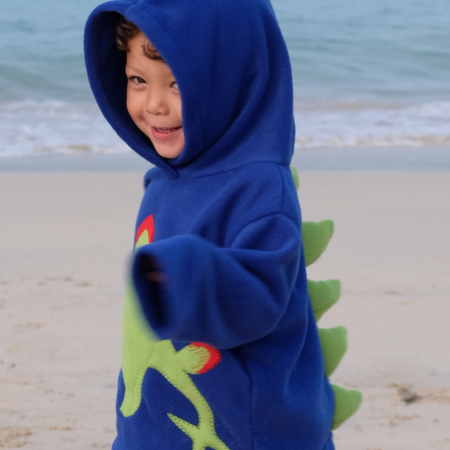 royal blue stegosaurus hoodie side view