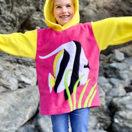 girl wearing tropical fish hoodie