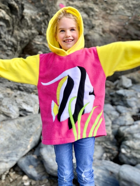 girl wearing tropical fish hoodie